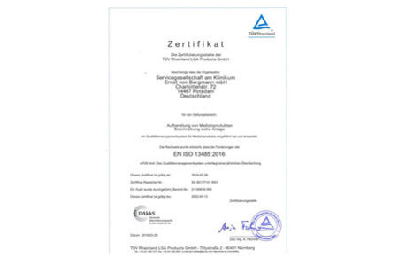 Zertifikat TÜV Rheinland Aufbereitung von Medizinprodukten