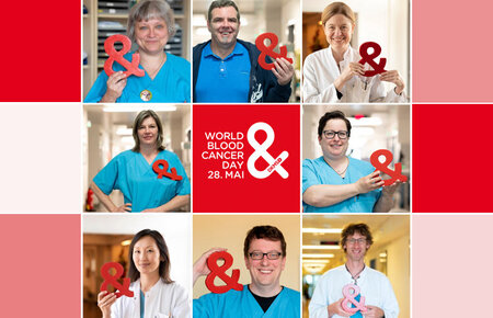 Collage mit Mitarbeitenden der Klinik für Hämatologie, Onkologie und Palliativmedizin, die ein rotes &-Zeichen halten.